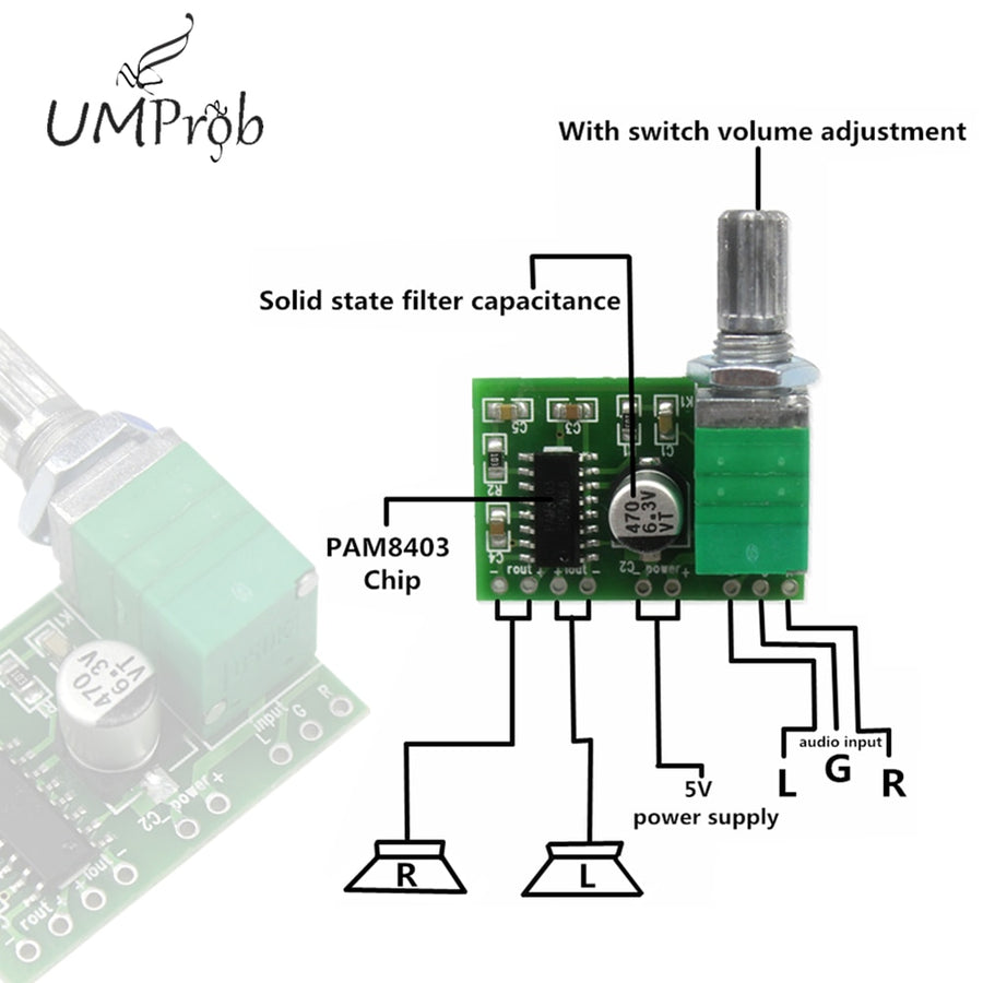 PAM8403 5V Power Audio Amplifier Board 2 Channel 3W W Volume Control / USB Power